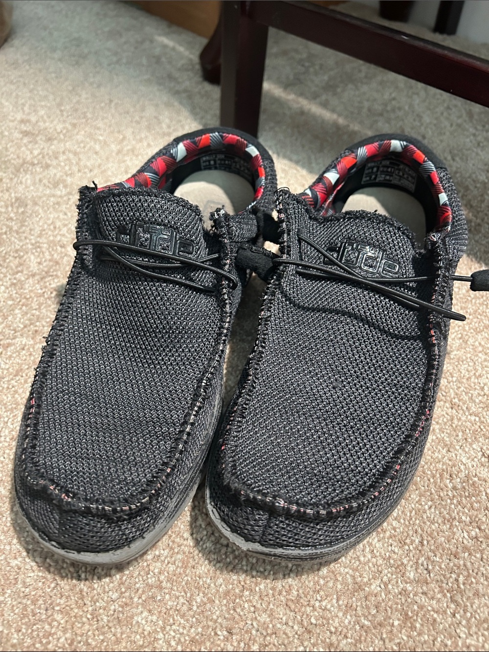 Hey Dude Black Knit Slip-On Loafers with Red-Trim Interior